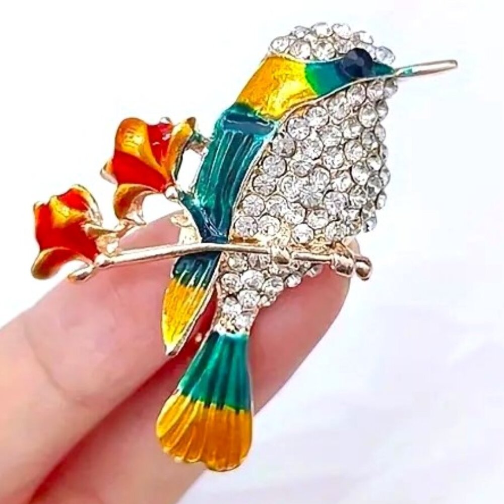 Brooch Hummingbird Crystal Rhinestones Trendy Stylish Sparkle Glam Bird Colorful